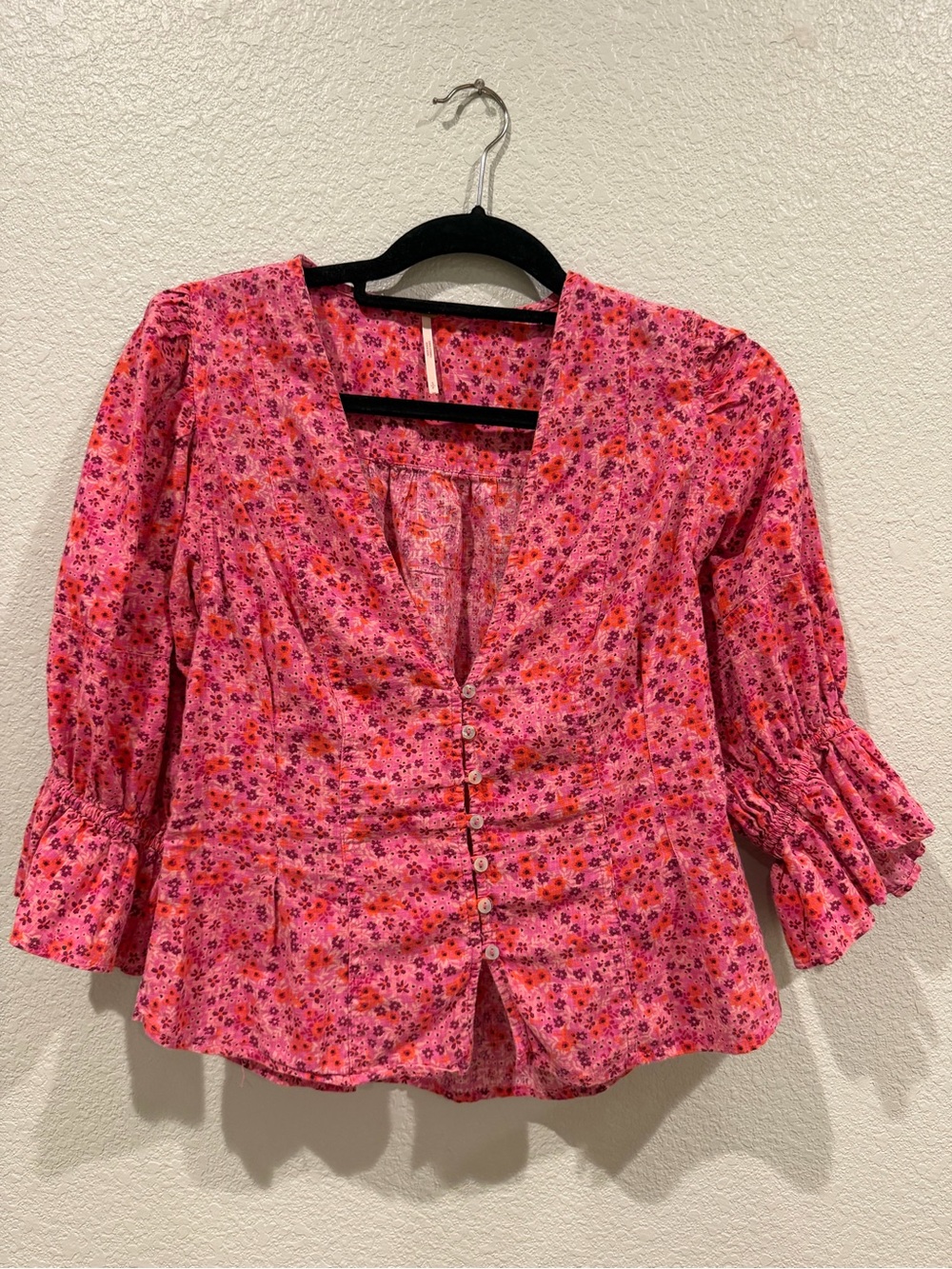 Free People Pink Floral V-Neck Button Blouse